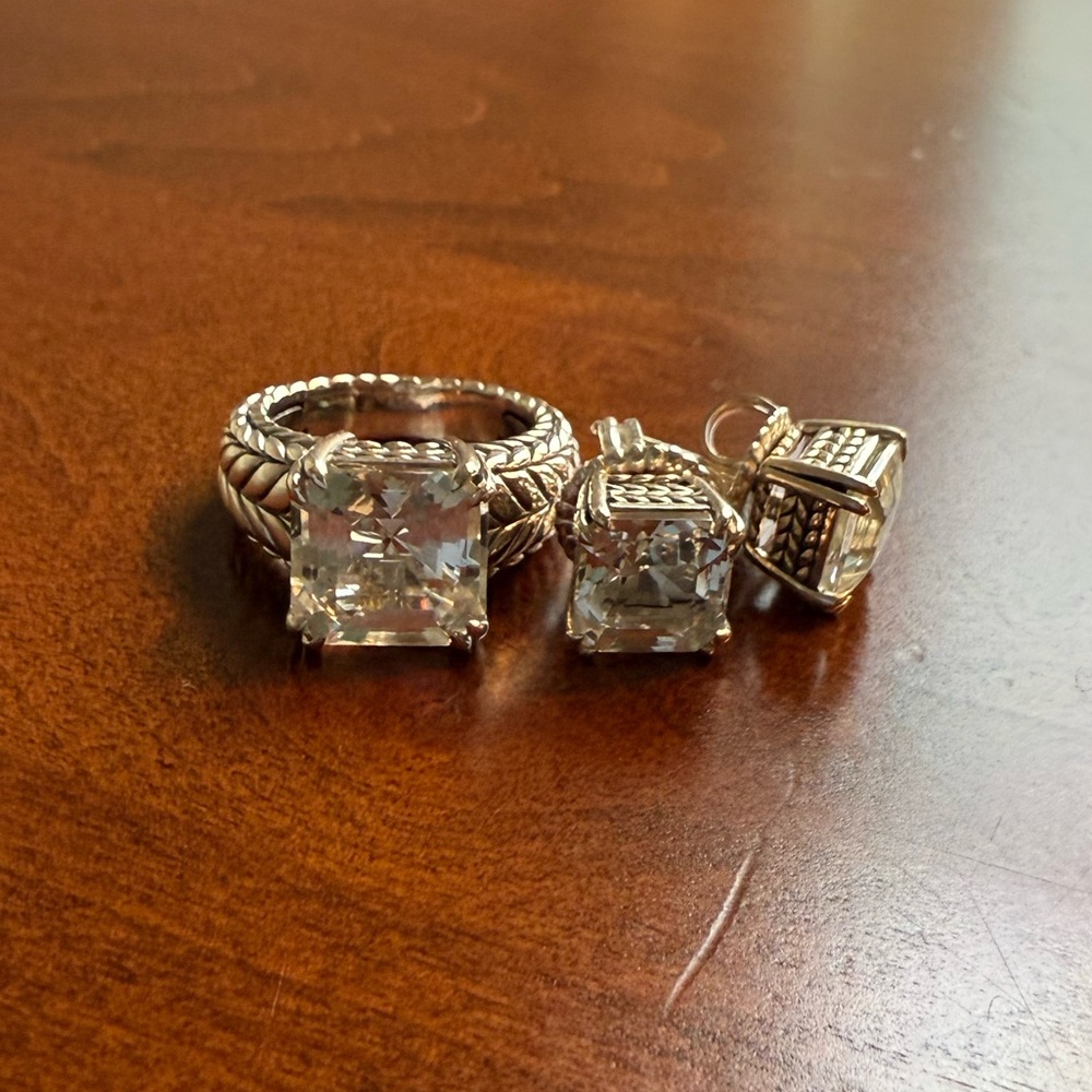 JAI Sterling Silver Asscher Cut White Topaz Ring, sz 5, and Earrings like New